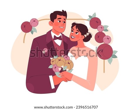 Wedding Ceremony concept. A radiant bride and groom stand close, enveloped by floral decorations, as she clutches a vibrant bouquet. Moments of love. Nuptial bliss. Flat vector illustration. Royalty-Free Stock Photo #2396516707