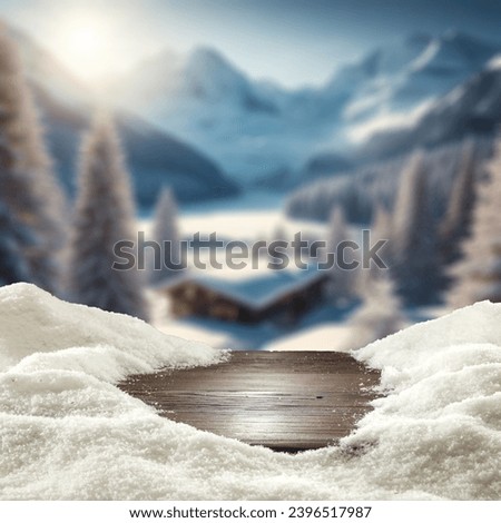 Wooden desk cover of snow flakes and blurred landscape of mountains. Cold december day. Empty space for your products. Mockup background and christmas time. Natural light. Snow and frost decoration. 