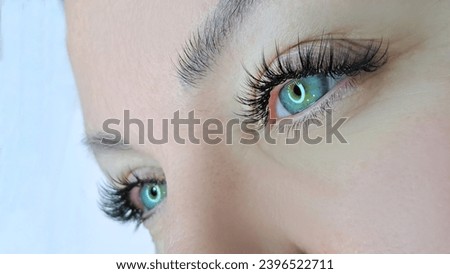 Close up of eye with eyelash extensions ,beauty salon treatment ,2d volume, 3d volume, classical lashes,Russian volume,megavolume, new set.. Royalty-Free Stock Photo #2396522711