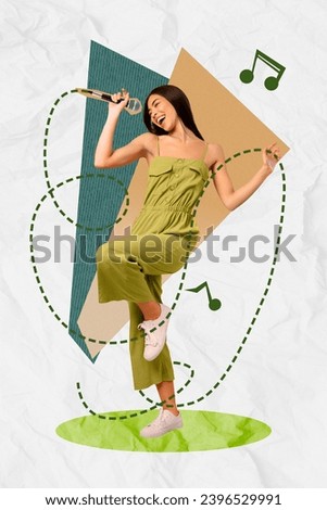 Vertical creative collage picture incredible charm lady singer popular famous microphone notes rhythm dance figure colorful background