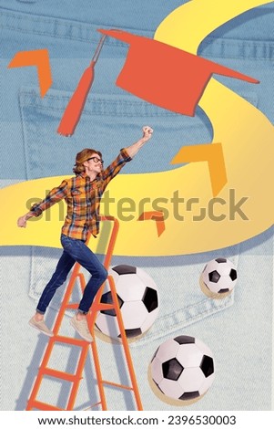 Magazine collage picture of excited purposeful guy finishing football academy isolated drawing background