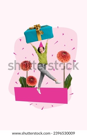 Creative drawing collage picture of funny female hold receive big gift celebrate happy birthday excited billboard comics zine minimal