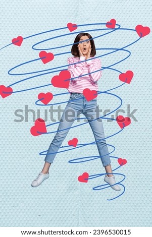 Vertical poster picture full size amazed shocked impressed young lady surrounded hearts love symbol spiral blue background