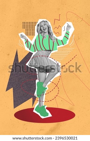 Creative vertical collage full size photo banner young attractive dancing girl sing wear stylish outfit drawing background