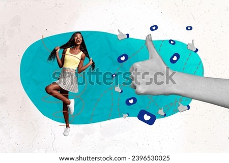 Creative collage picture image excited happy smile young woman touch hair big hand show thumb up like reaction turquoise background