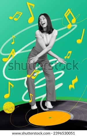 Vertical collage poster satisfied dancing sing girl stand vinyl disk have fun time retro music oldschool party green drawing background