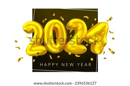 Vector illustration of shine golden number 2024 with confetti on black and white color background. 3d style winter holiday design of happy new year 2024. Decorative air balloon symbol of greeting card
