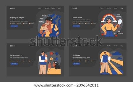 Overcoming fears web or landing dark or night mode set. Characters confronting fears with desensitization, reframing and exposure strategy. Affirmations and visualization. Flat vector illustration