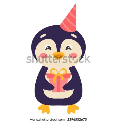Cute cartoon penguins with a gift. Vector illustration.
