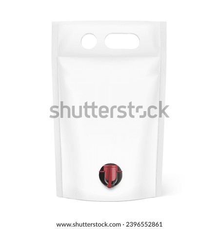 Stand up bag with butterfly tap for juice or wine. Vector illustration isolated on white background. Easy to use for presentation your product, idea, promo, design. EPS10. Royalty-Free Stock Photo #2396552861
