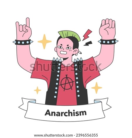Emblematic anarchist figure raises fists high, symbolizing the fiery spirit of defiance and the quest for absolute freedom. Flat vector illustration Royalty-Free Stock Photo #2396556355