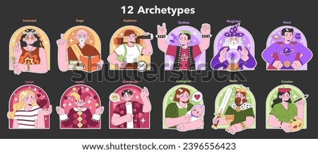 Personality psychological archetypes set. Twelve characters characteristics. Caregiver, creator, everyman, explorer, hero, innocent, jester, lover. Collective unconscious. Flat vector illustration Royalty-Free Stock Photo #2396556423