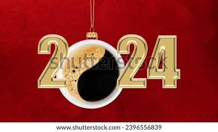 Happy new year 2024 greeting card. Hanging coffee cup as Christmas ball and number 0 in number 2024 on grunge red background. 
