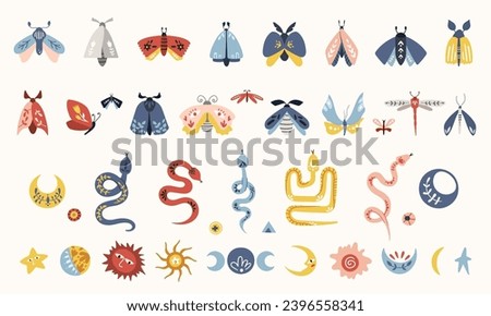 Folk moth, butterfly, snake, moon, stars clip arts vector set in Scandinavian Nordic style, hygge insects isolated designs on white. Collection of classic ethnic elements. Funny scandi folk motifs