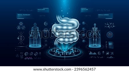 Small intestine health care technology with scan virtual interface hologram style. X ray and MRT human body examination. Medical diagnostic with HUD, UI, GUI. Analysis in futuristic laboratory. Vector Royalty-Free Stock Photo #2396562457