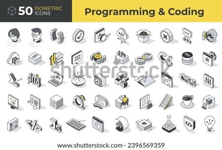 Programming and coding. Set of isometric icons. Represents wide range of information technology concepts with an focus on writing code, using programming languages, testing and developing software Royalty-Free Stock Photo #2396569359