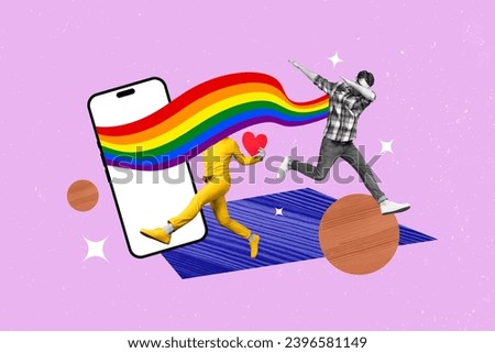 Artwork collage image of two mini black white effect people jump run dabbing hold like heart symbol big smart phone display rainbow flag
