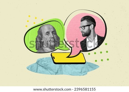 Photo of black white colors guy inside dialogue bubble speak franklin dollar banknote smart phone display isolated on beige background