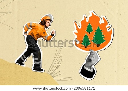 Poster image collage of professional firewoman running hurrying extinguish fire in forest isolated on drawing background