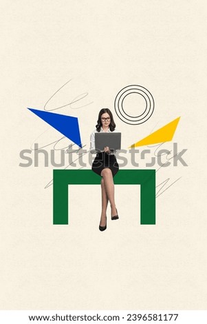 Vertical minimal creative photo collage of young busy worker sitting on geometry figure working online with laptop on drawing background