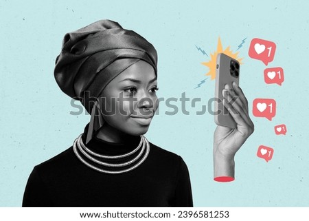 Collage picture illustration smile attractive young lady look phone hold hand surreal like reaction followers popular app