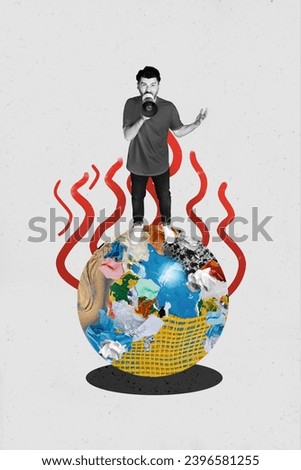Vertical collage picture illustration black white filter angry alarmed man scream loudspeaker attention activist save planet earth world day