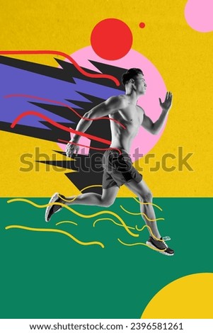 Exclusive magazine picture sketch collage image of purposeful funky guy running fast isolated creative background