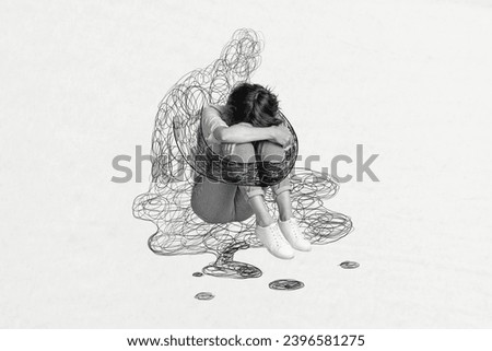 Sketch collage image of sad upset girl sitting suffering loneliness isolated in drawing background