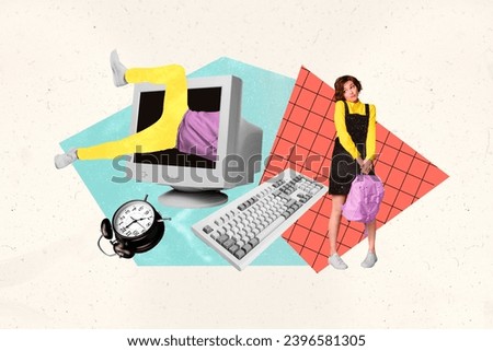Sketch collage picture of cute funny girl waiting professional man repair fix bug error retro obsolete pc isolated on drawing background