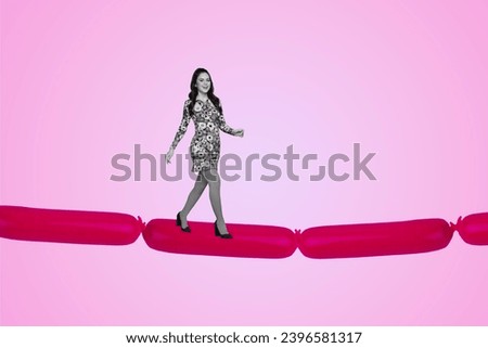 Creative drawing collage picture of young beautiful female walking sausage bridge cooking supermarket advert magazine surrealism metaphor