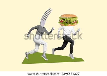 Picture collage image of crazy funky weird people running away fast food unhealthy snack burger isolated on drawing background