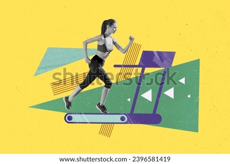 Photo banner collage of professional athlete sportive slim young girl running in sportswear racetrack isolated on yellow background
