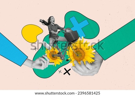 Funky collage artwork of young crazy overjoyed carefree ukrainian woman riding fast bicycle sunflower wheels isolated on beige background