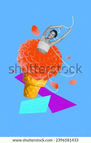 Vertical collage template picture of young lady caricature cold ice cream abstract flower isolated on blue color background