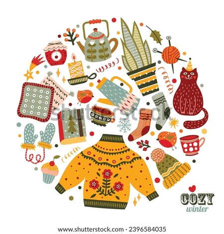 Winter card in cartoon design. Cup of hot drink, teapot,cat, gift, cookie, sock, cupcake.  Vector illustration. Winter season cozy symbols.