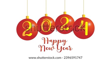 Happy New Year 2024. Red Christmas balls on white background