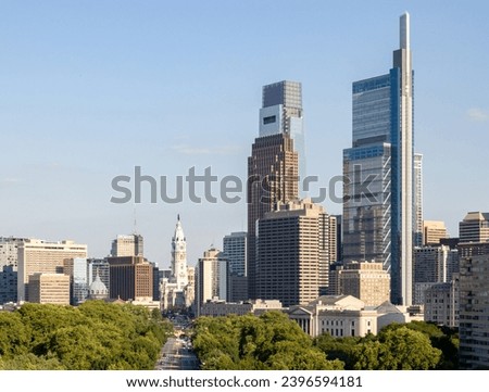 Aerial view of the Philadelphia skyline showing City Hall, the Comcast Center, the Comcast Technology Center, and the Benjamin Franklin Parkway, Philadelphia, Pennsylvania, USA