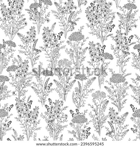 Seamless floral background of bouquets of wild flowers. Botanical clip art. Wildflowers wreath skethc.Vector  Line drawn leaves and branches.Vector flowers. Floral decor.