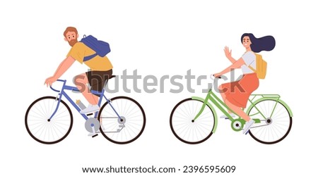 Man and woman people cartoon characters riding bicycle enjoying healthy sport activities outdoors Royalty-Free Stock Photo #2396595609