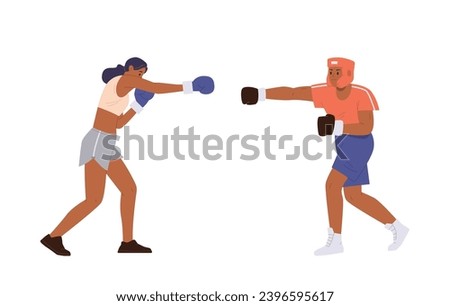 Athletic man and woman boxer cartoon characters set training fighting enjoying sport combat Royalty-Free Stock Photo #2396595617