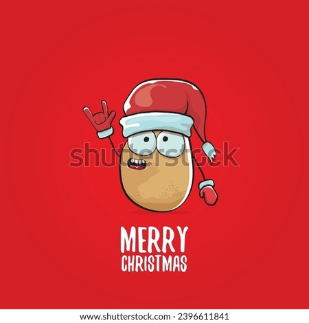 vector funky comic cartoon cute smiling santa claus potato with red santa hat and calligraphic merry christmas text isolated on red background. Happy Santa Claus clip art 