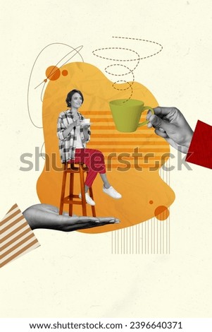 Collage of cute attractive lady sit on bar chair drinking italian coffee with perfect smell and chilling isolated over orange background