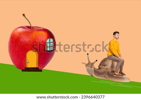 Giant snail collage picture artwork of young upset funny man riding to apple abstract home moving isolated over beige color background