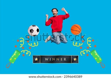 Collage image of delighted overjoyed man jumping raise fists winner stars football basketball isolated on blue background
