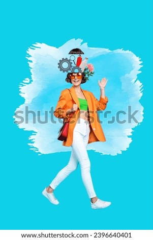 Vertical collage picture of cheerful girl walking arm palm waving hi cogwheel gear fire distinguisher milk flower loupe inside opened head