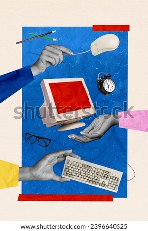 Photo collage artwork minimal picture of workers arms working office obsolete computer isolated graphical background