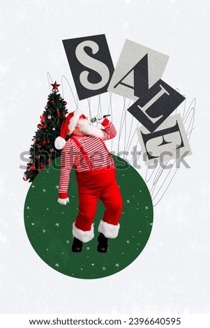 Vertical collage picture chubby funny old man santa claus sing mic music near christmas tree sketch discount circle green snowflakes