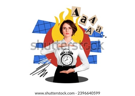 Creative picture illustration young lady worker showing clock alarm hurry meet deadlines flame behind glasses office routine