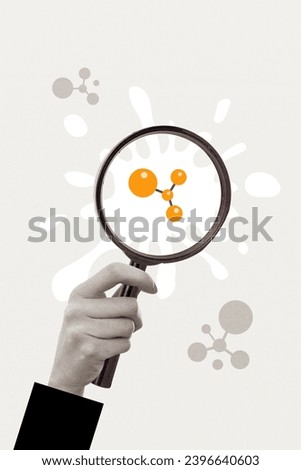 Vertical image collage picture of arm hold magnifier exploring molecule structure science concept