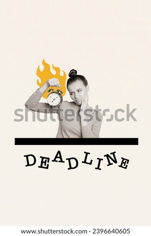 Collage picture poster of unhappy girl hold watch burning deadline schedule isolated on painted background